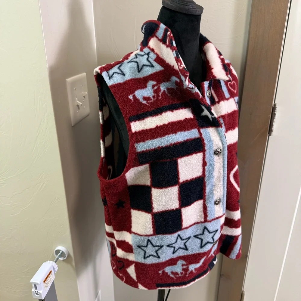Christopher & Banks Americana Western Patriotic Fleece Vest‎ Button Down Red XL